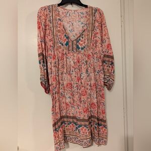 Boho Floral V-Neck Tunic Dress Coral Pink XL Cottagecore Hippie Peasant Mini
